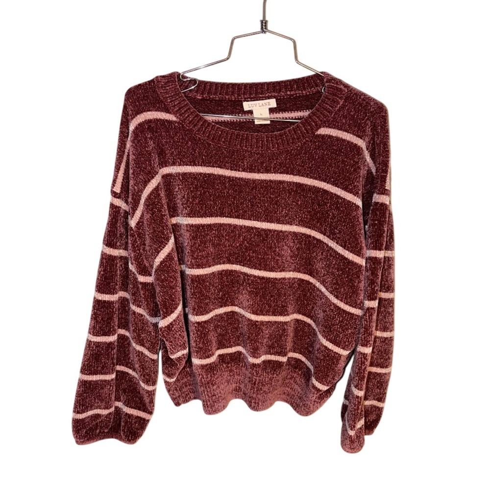 Luv Lane Womens Burgundy Pink Striped Chenille Knit Pullover Sweater Size L